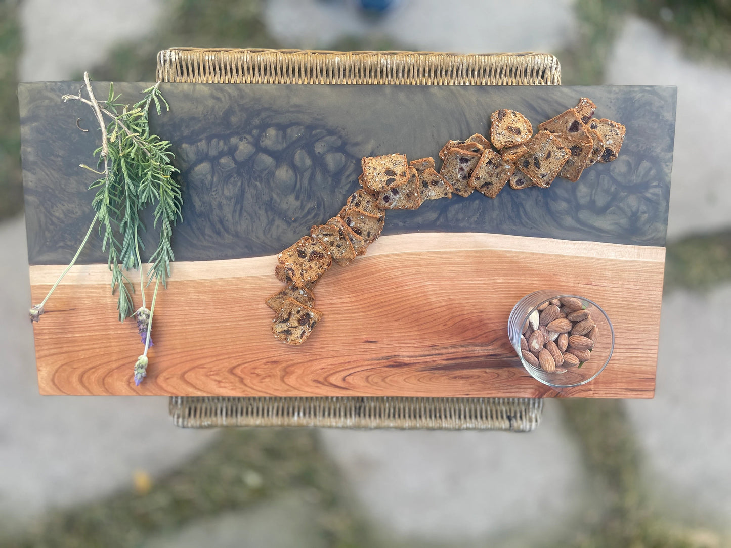 Walnut with Amber Grey Swirl Resin Serving board